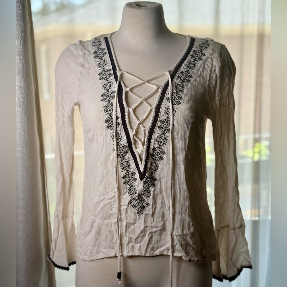Hint of Mint Cream Blouse with Tie Front and Black Embroidery